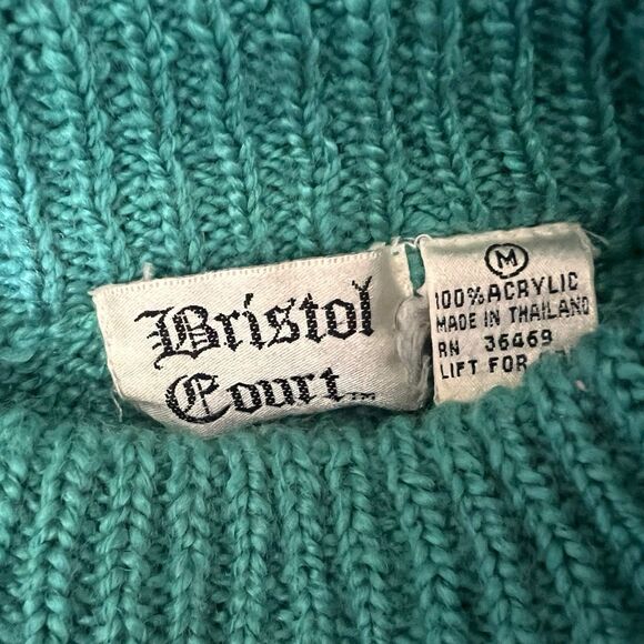 Vtg 80s Bristol Court Green Mock Neck Cableknit Grandma Sweater Sz M Chunky Knit - Picture 9 of 9